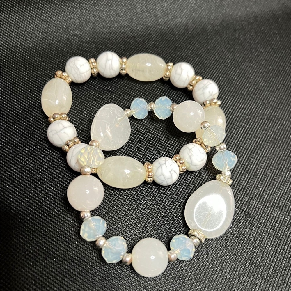 Elegant White and Gold Beaded Bracelet Set